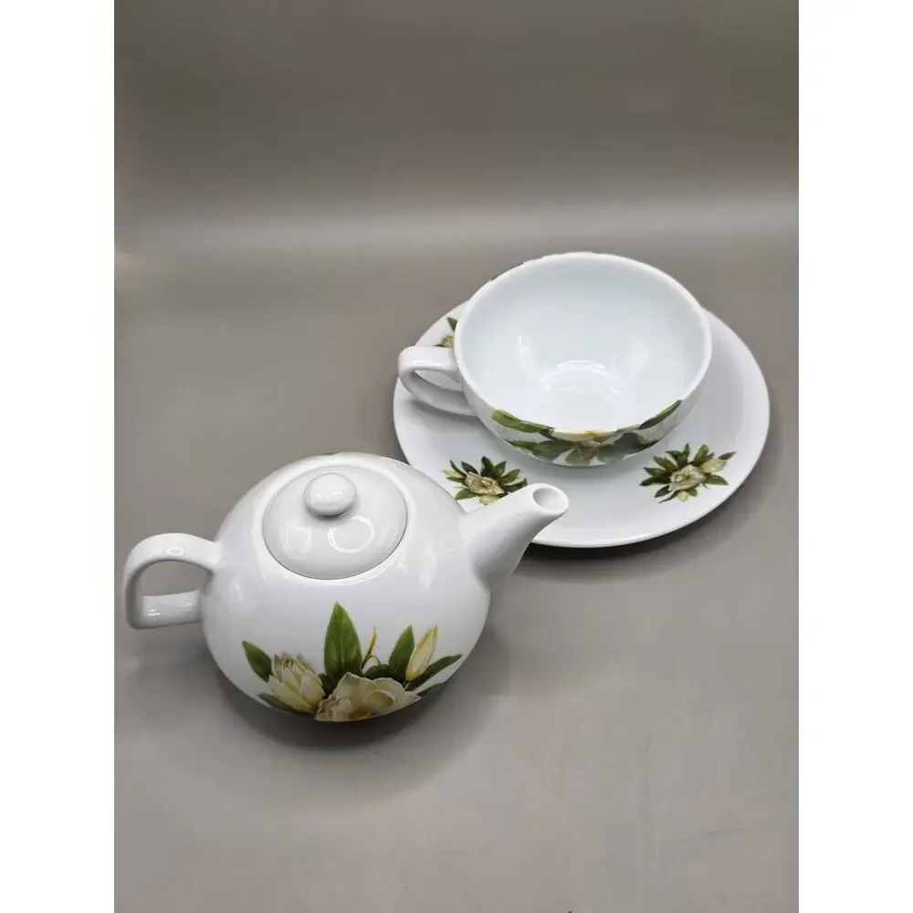 Vintage Porcelain Tea For One Stacking Teapot Cup Saucer Set Magnolia Floral